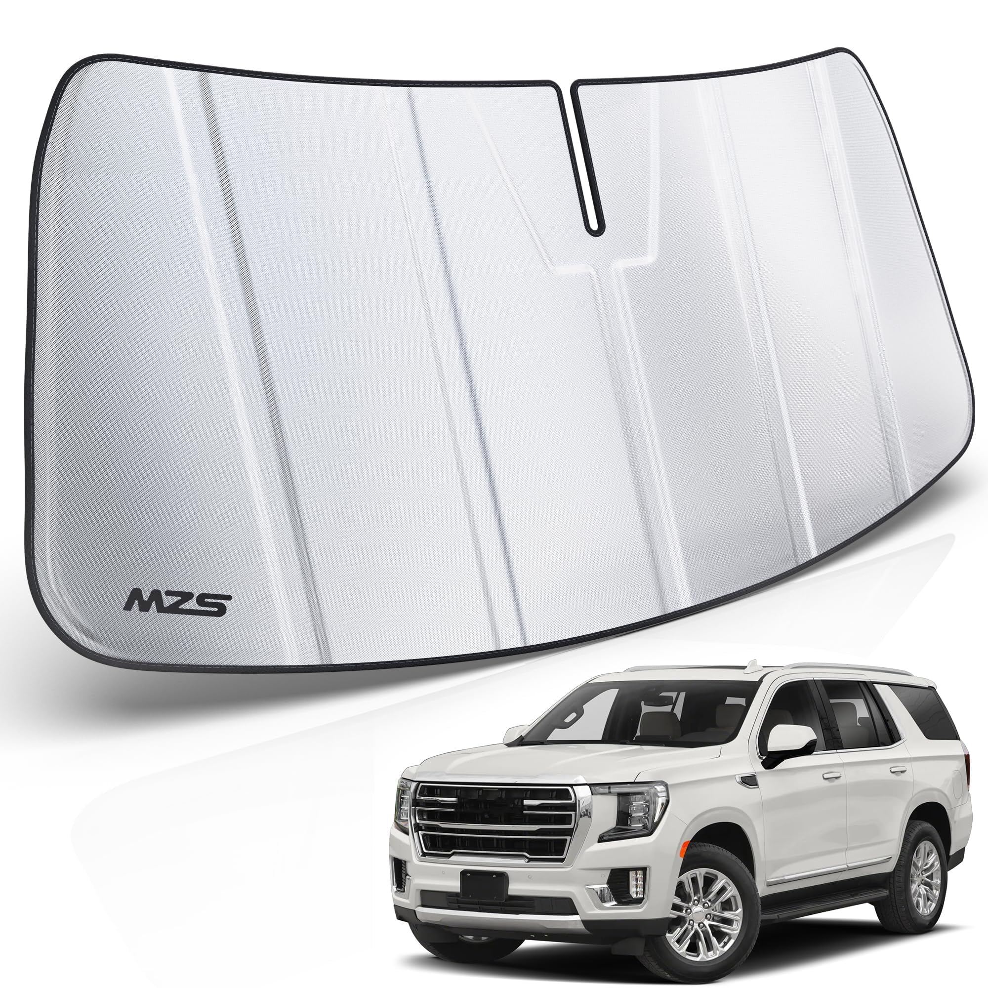 MZS front-facing windshield shade packaging showing fit for Yukon, protects interior