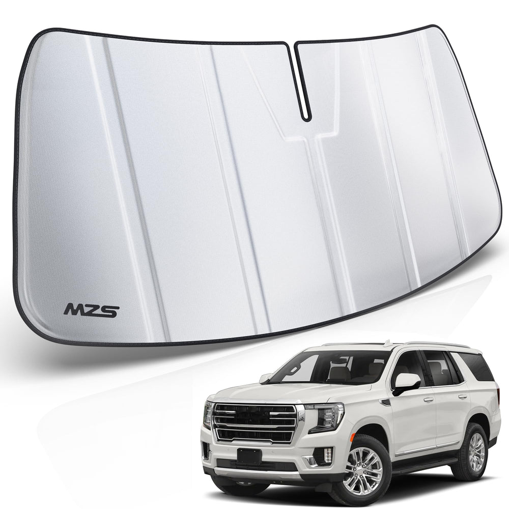 MZS front-facing windshield shade packaging showing fit for Yukon, protects interior