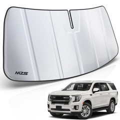 MZS front-facing windshield shade packaging showing fit for Yukon, protects interior