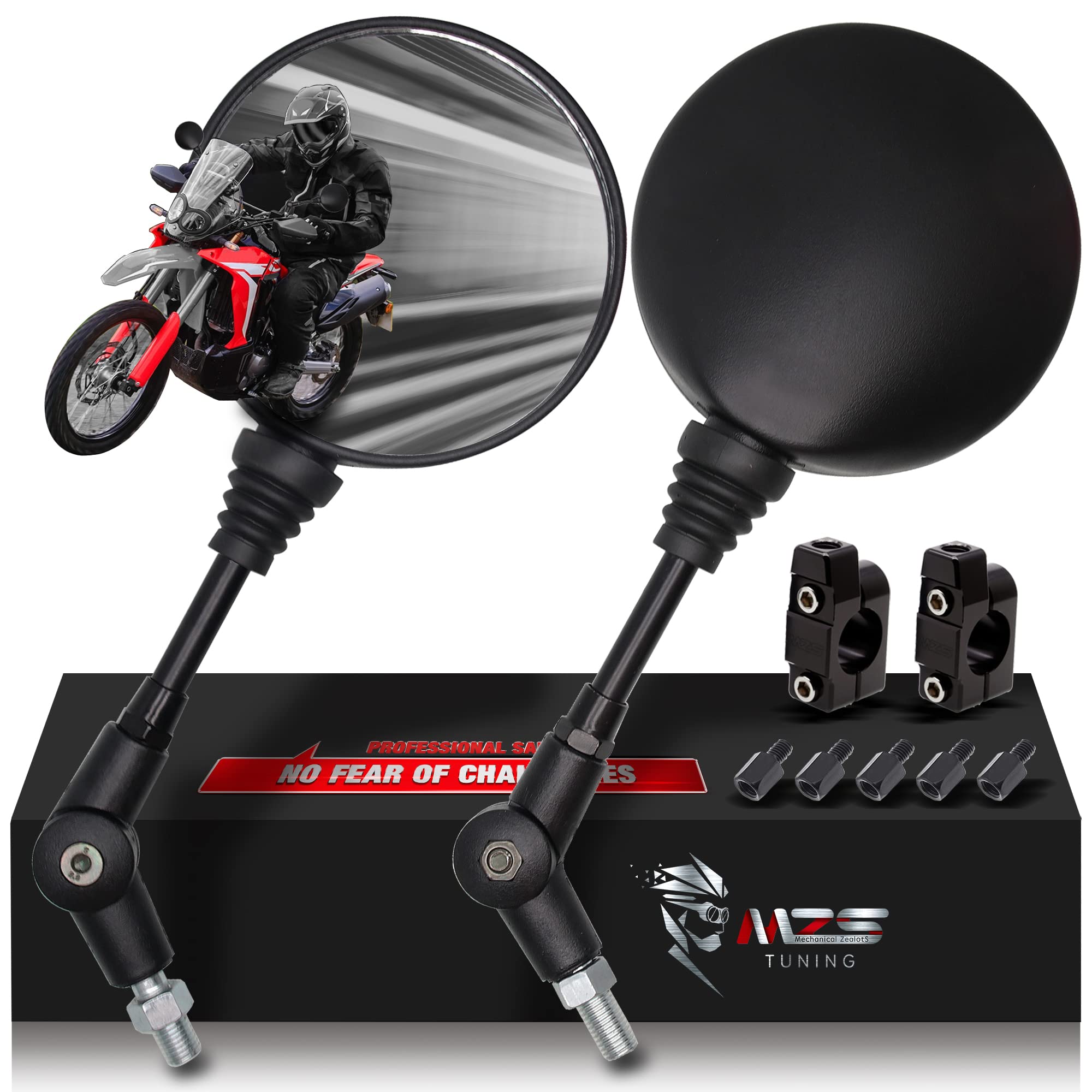MZS front view mirror showing round shape and wide field of view benefit