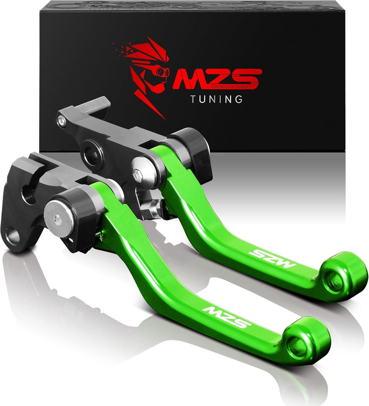 MZS green levers front packaging showing vibrant anodized finish and model fitment benefits