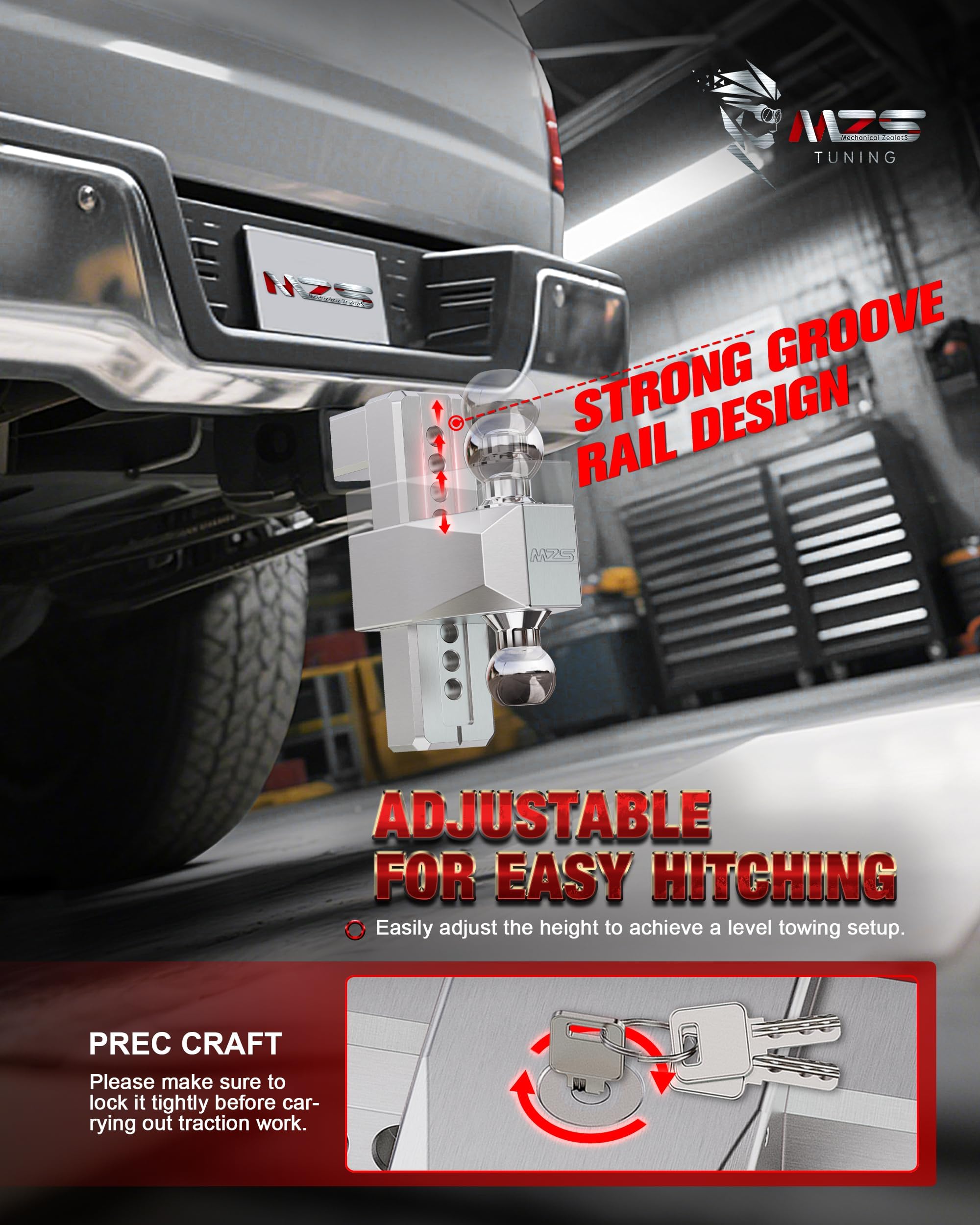 MZS installed in a 3-inch receiver illustrating fitment for heavy-duty trucks