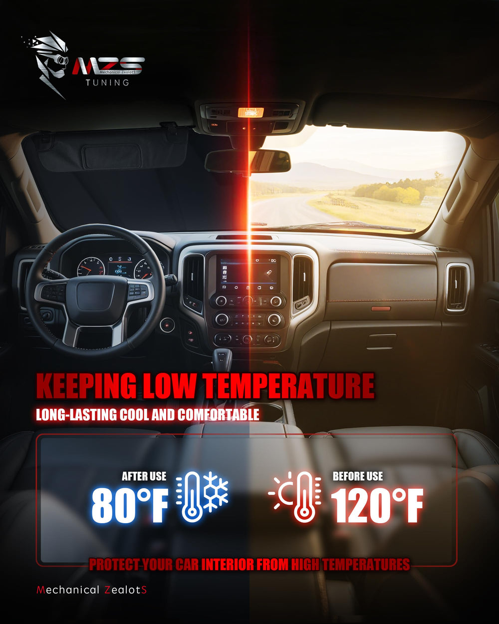 MZS installed in GMTK2XX truck interior showing reduced cabin heat benefit