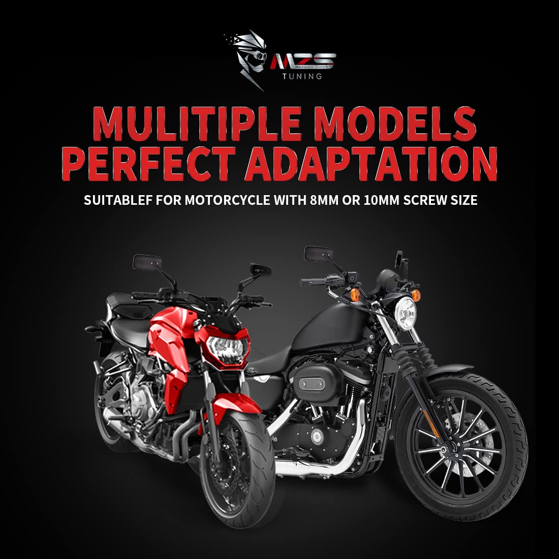 MZS lifestyle cruiser shot showing mirror enhancing bike’s aggressive style