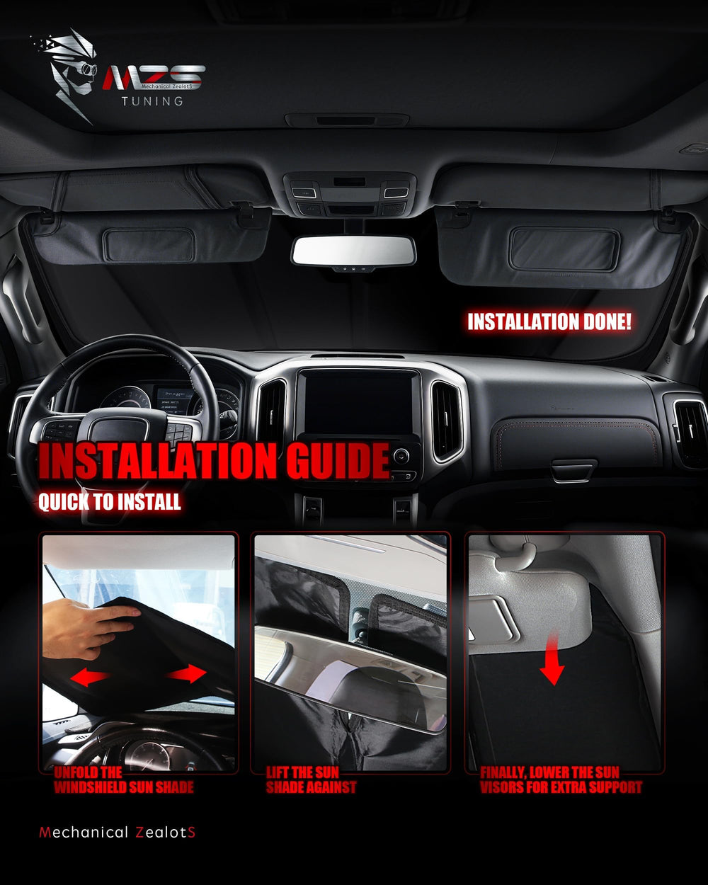 MZS sun shade on parked SUV in lot, convenient protection while outdoors