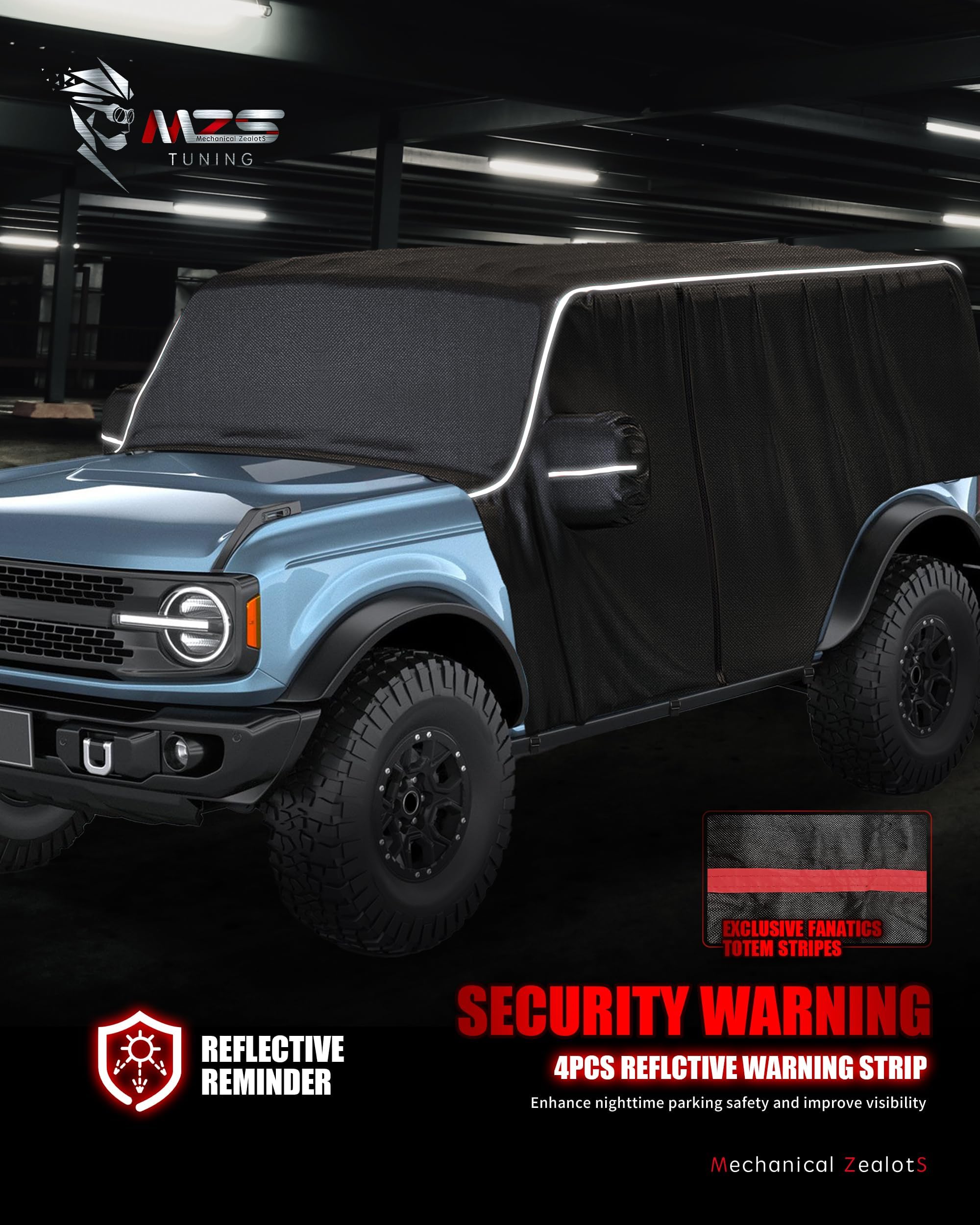MZS cover on parked Bronco with top off for outdoor storage