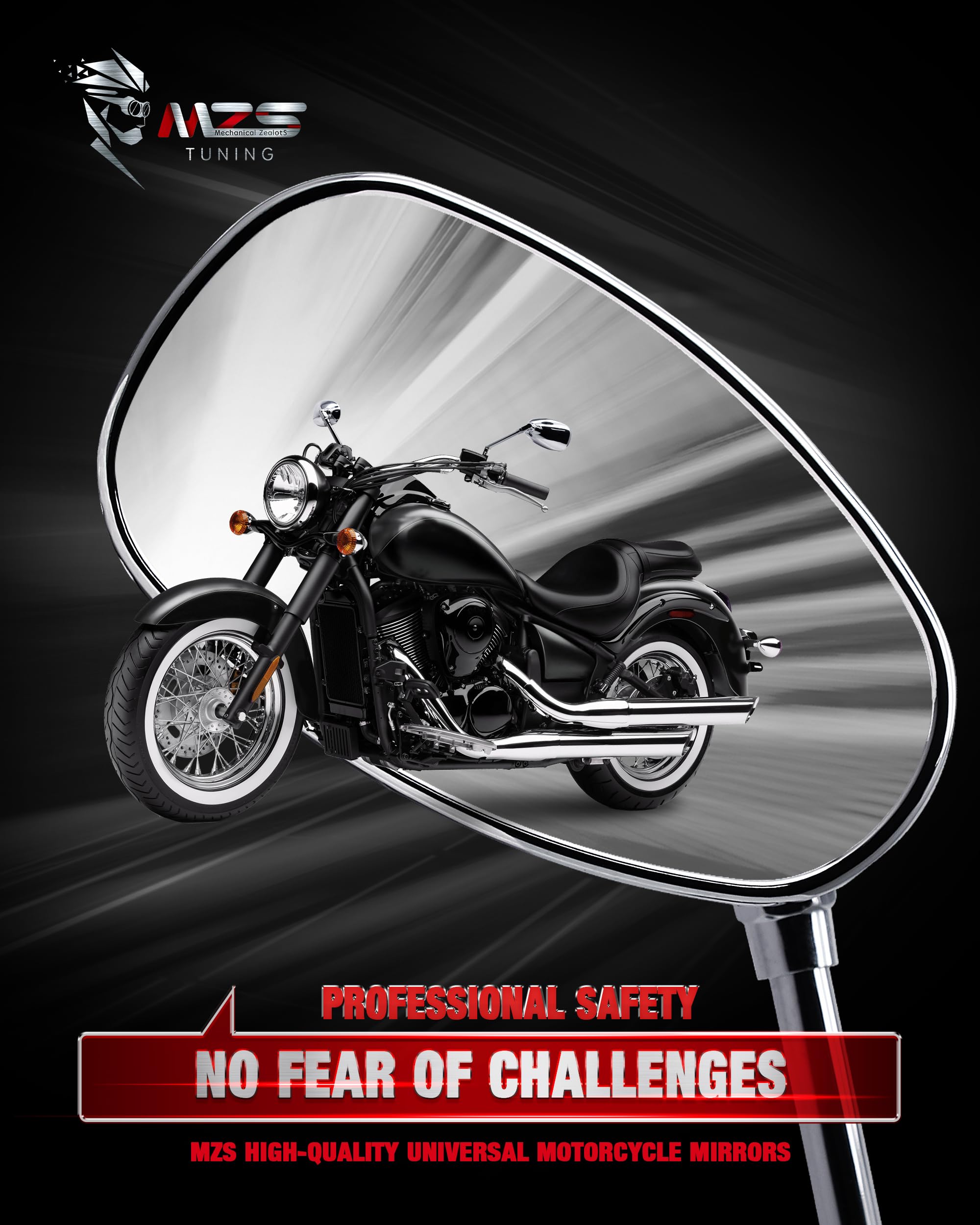 MZS mirror close-up of ABS housing and aluminum stem for durable protection