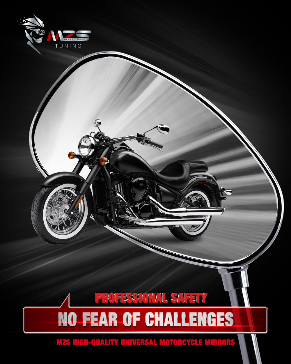 MZS mirror close-up of ABS housing and aluminum stem for durable protection