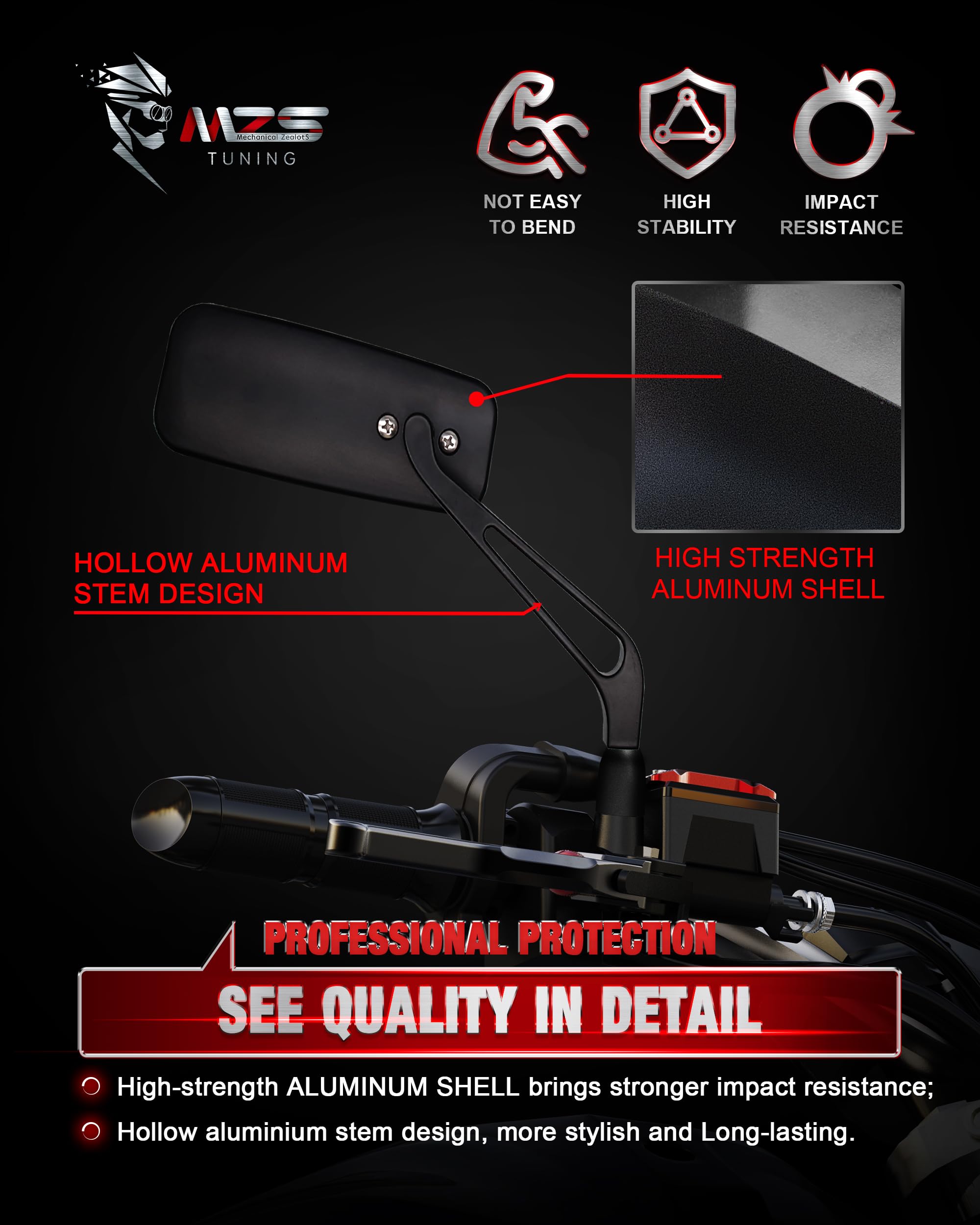 MZS mirror mounted on handlebar demonstrating easy bolt-on installation