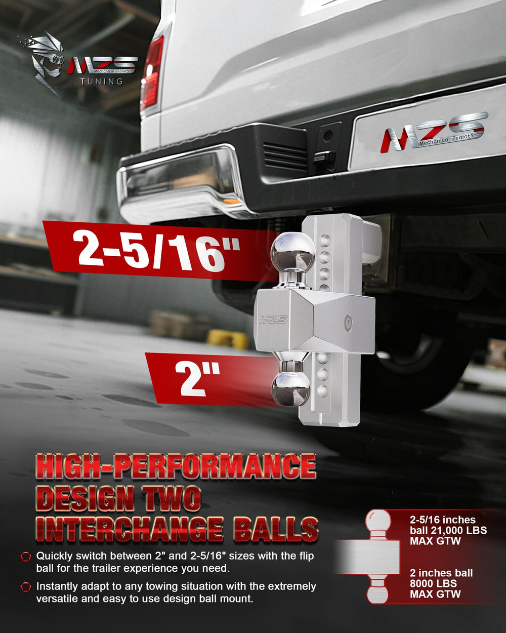 MZS scale comparison next to truck tailgate showing compact heavy-duty footprint