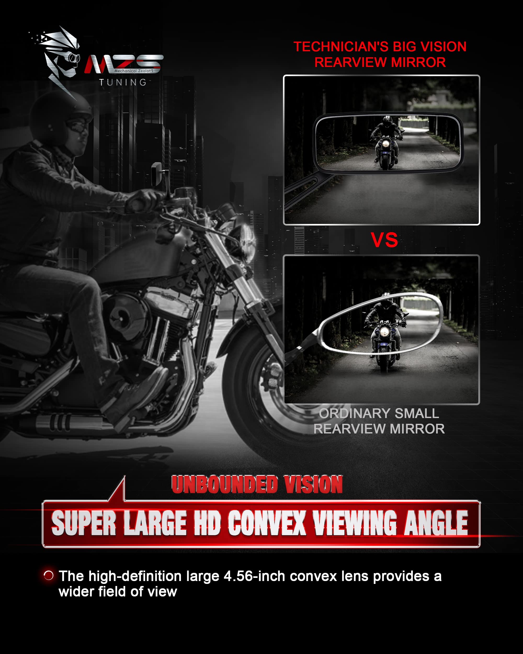 MZS mirror next to ruler for size and scale, clarifying compact coverage