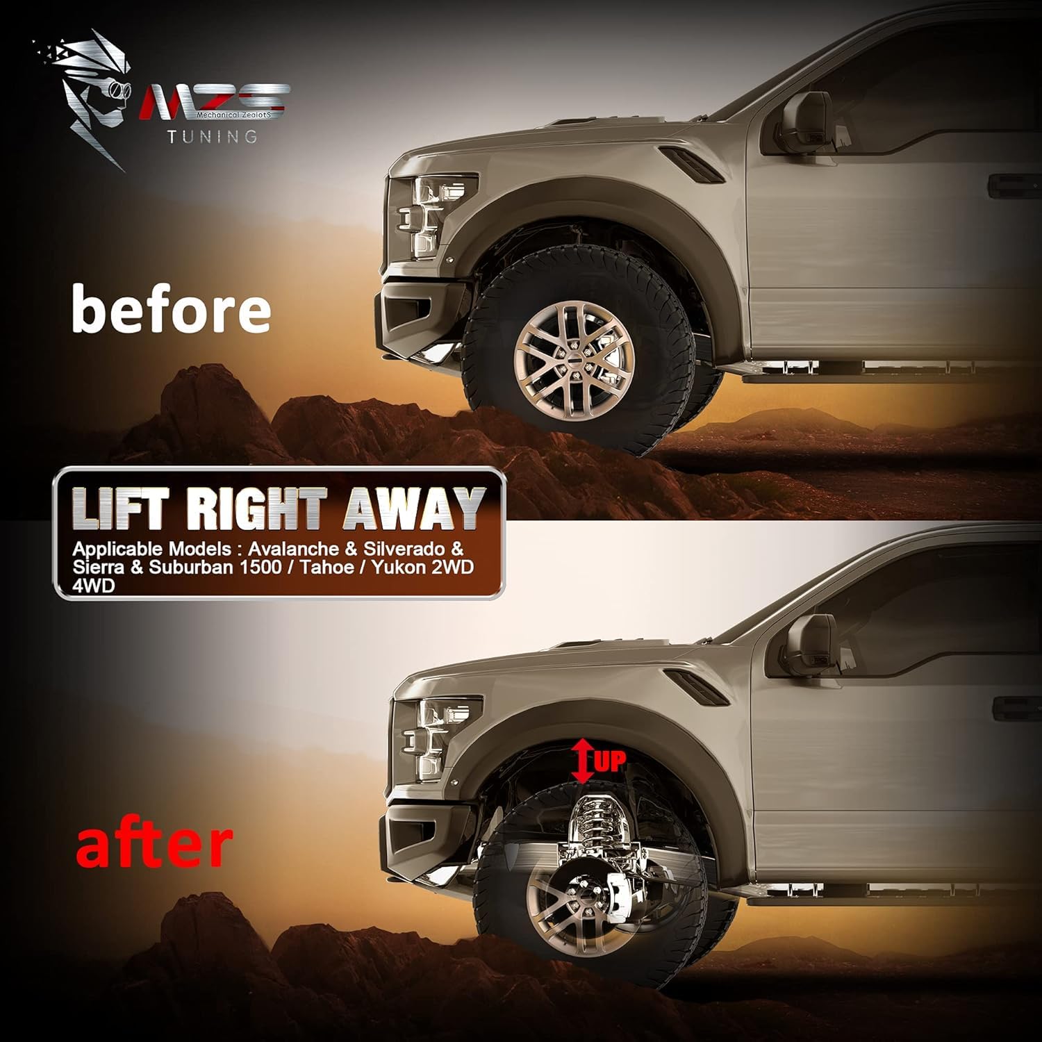 MZS-equipped truck parked on road showcasing balanced stance and increased ground clearance