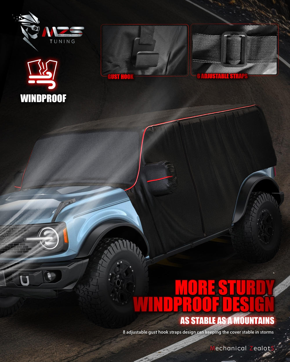 MZS adjustable wind straps and buckles preventing cover lift