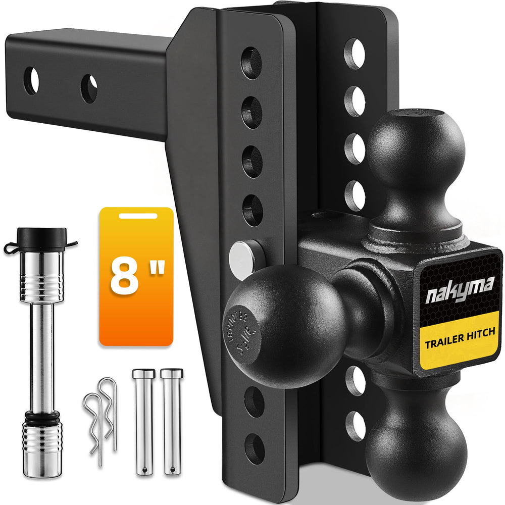 Nakyma front view of tri-ball hitch showing three ball sizes and secure one-piece design
