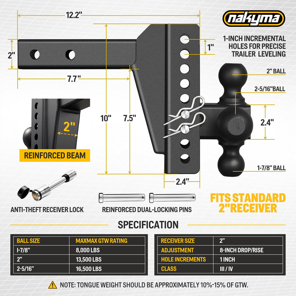 Nakyma hitch installed in a 2-inch receiver demonstrating firm vehicle fitment