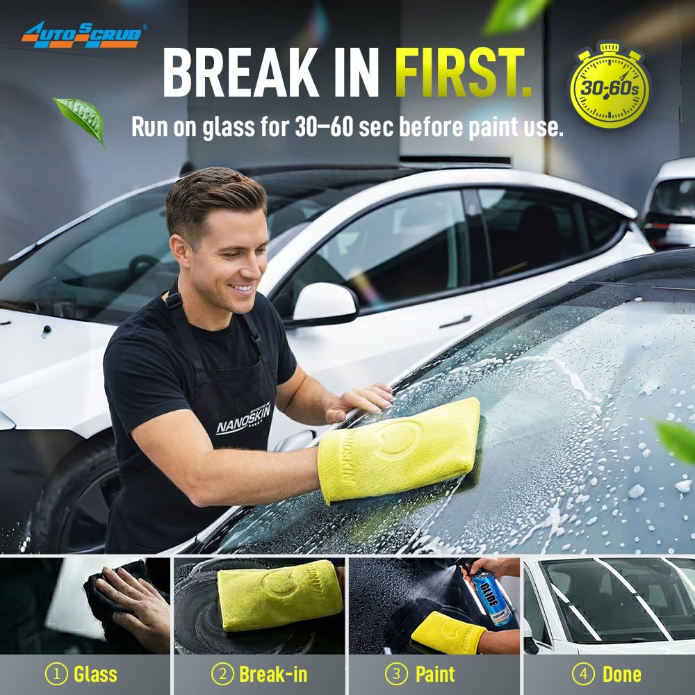 Rinsing Nanoskin AUTOSCRUB mitt under water showing quick cleanup and reuse benefit