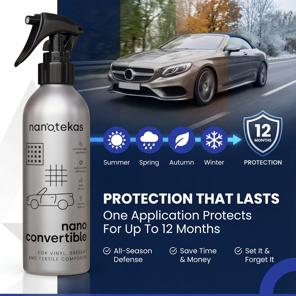 Nanotekas application in use spraying a convertible top for easy maintenance