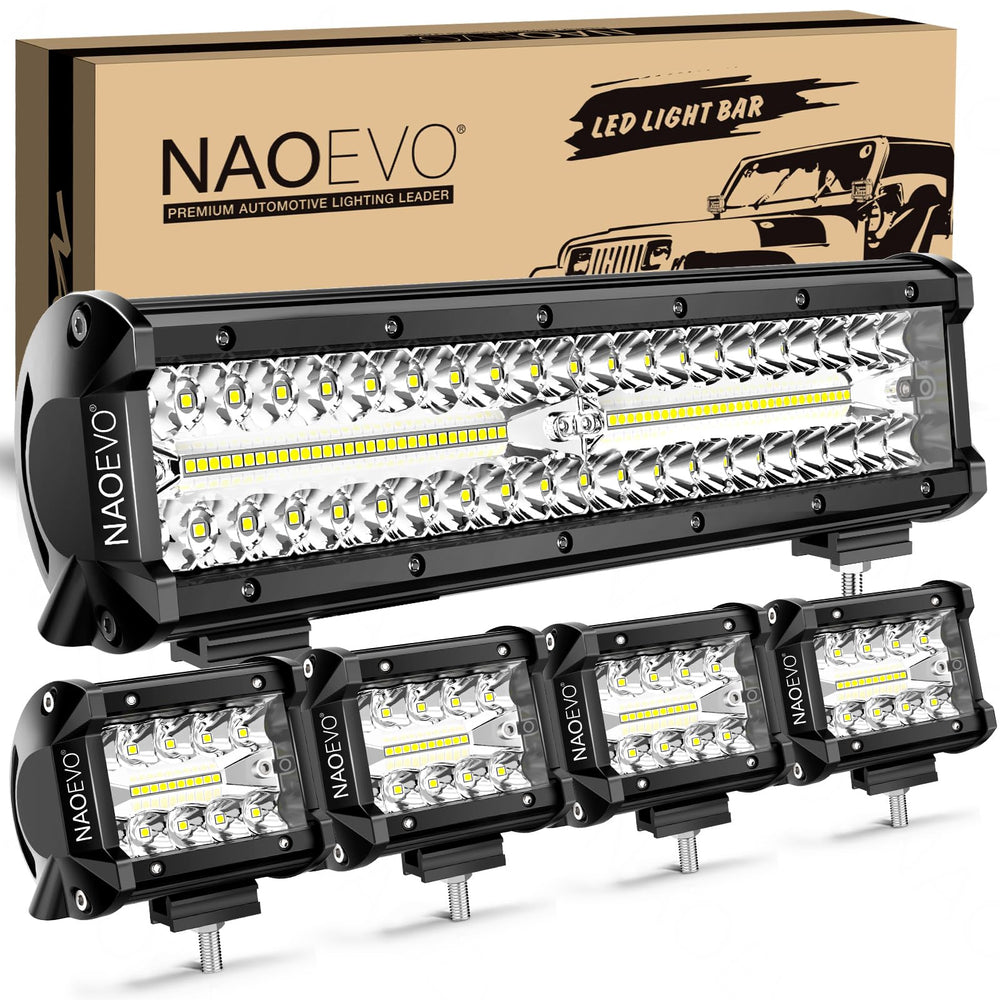 NAOEVO 12 inch LED bar front view showing bright beam and wide coverage benefit