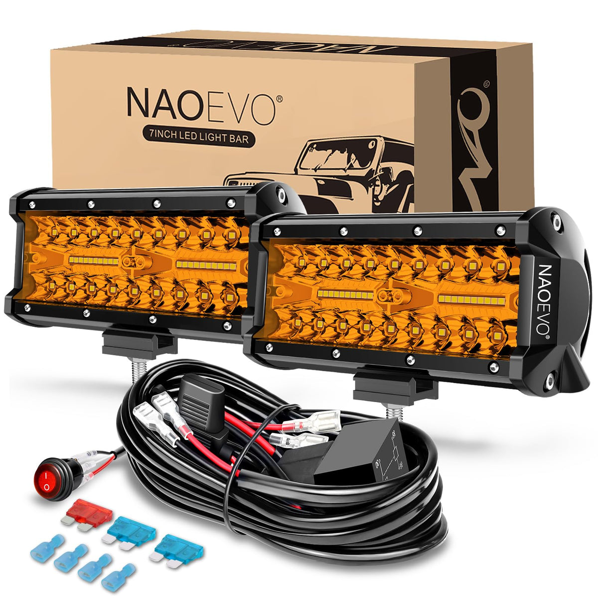 NAOEVO 7 inch front view showing amber LEDs and even illumination benefit