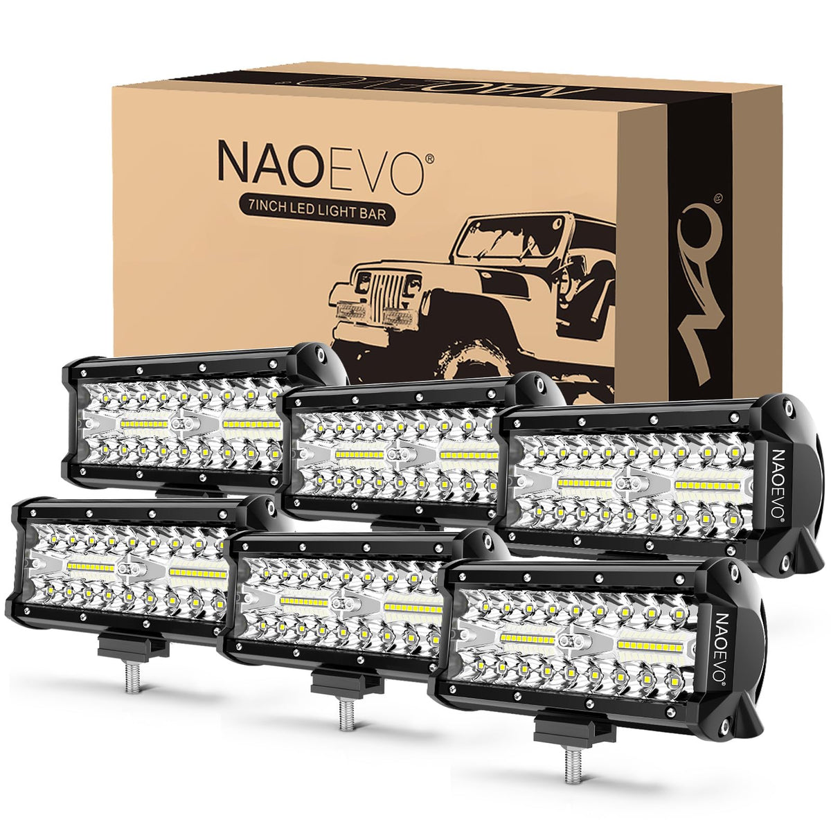 NAOEVO front view of 7-inch LED light bar showing bright beam benefit