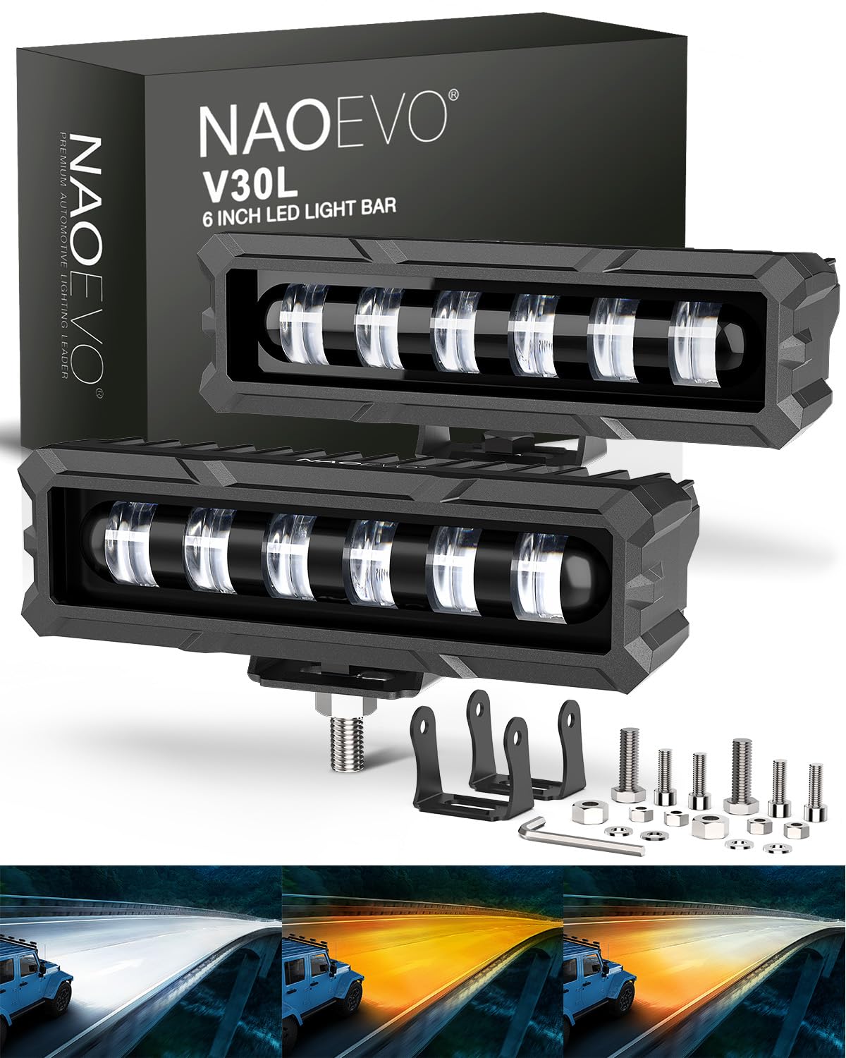 NAOEVO front view showing compact light bar and bright beam
