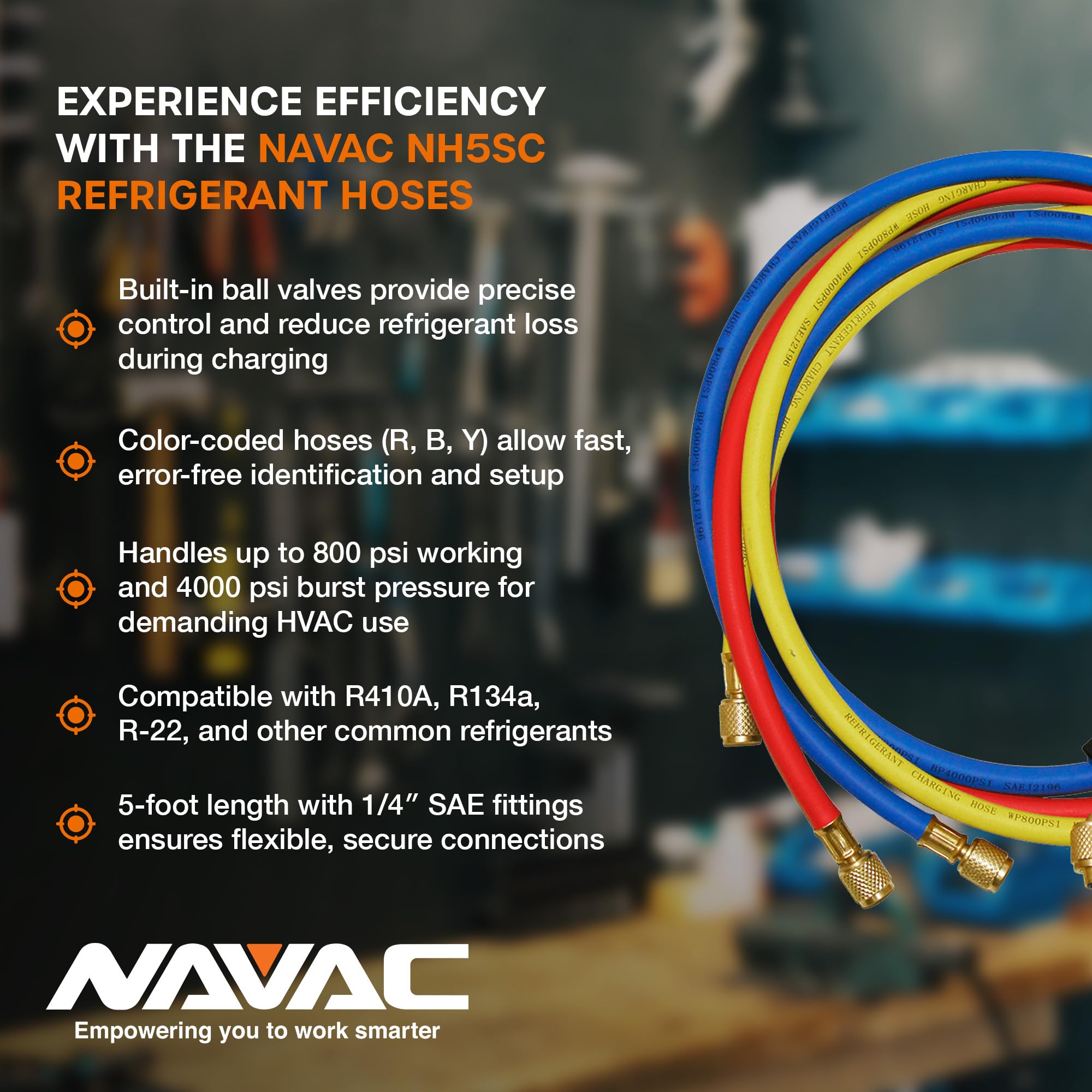 NAVAC hose next to ruler showing 5-foot length for reach and compact handling