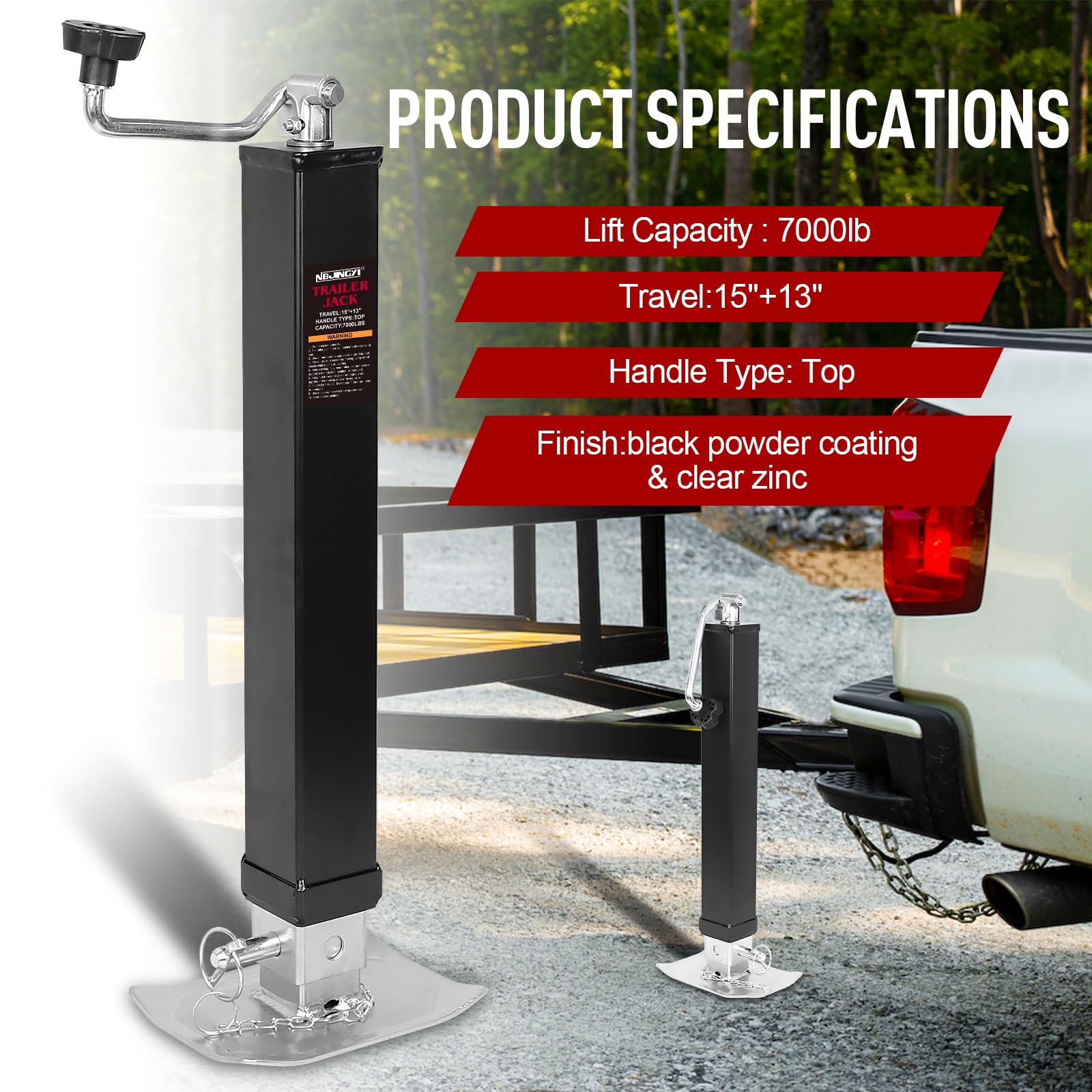 NBJINGYI extended drop leg displaying 28-inch lift range for fast leveling