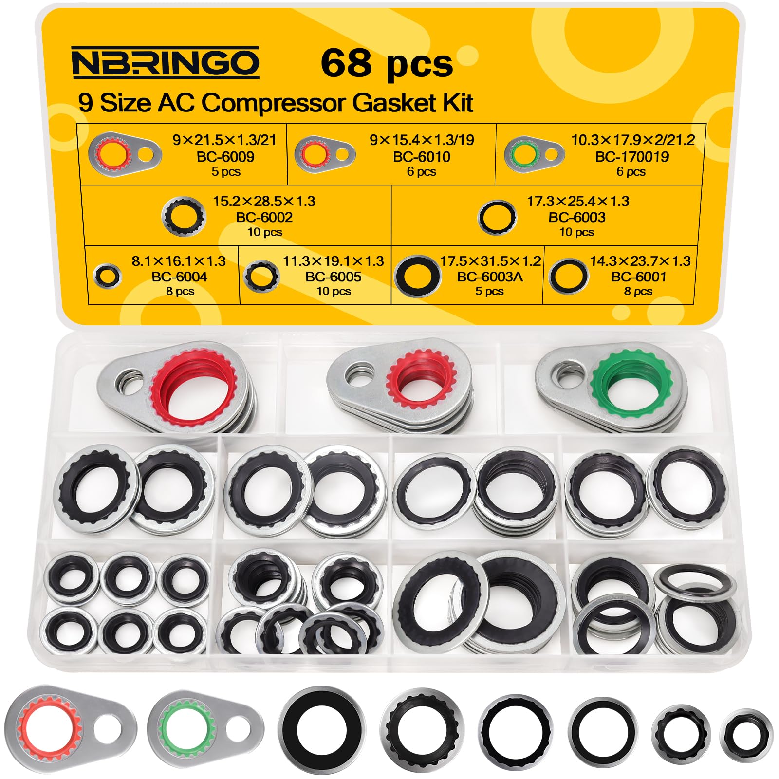 NBRINGO front packaging of 68-piece AC seal kit showing contents and clarity benefit