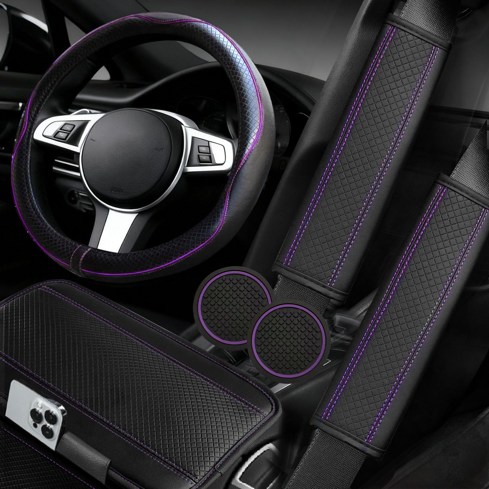 NBTEPEM front kit layout showing steering wheel cover and accessories, unified purple look