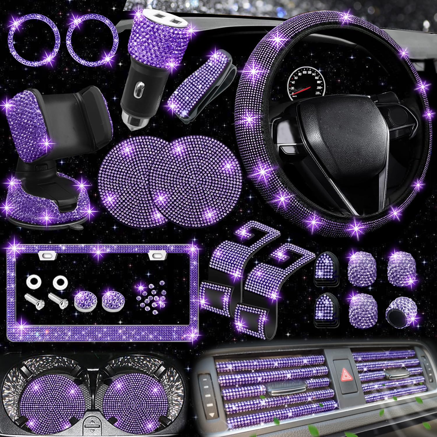 NBTEPEM front layout showing all 27 pieces and coordinated purple sparkle accents, enhances cabin style