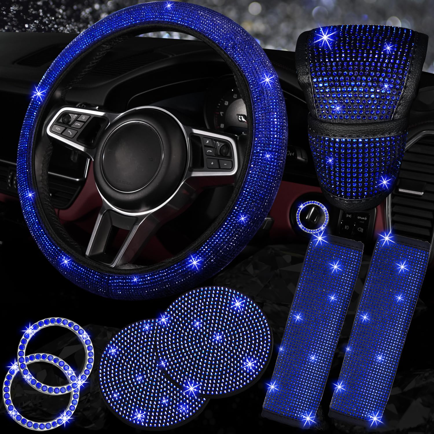 NBTEPEM front view of blue bling accessories set shows all pieces and gift appeal