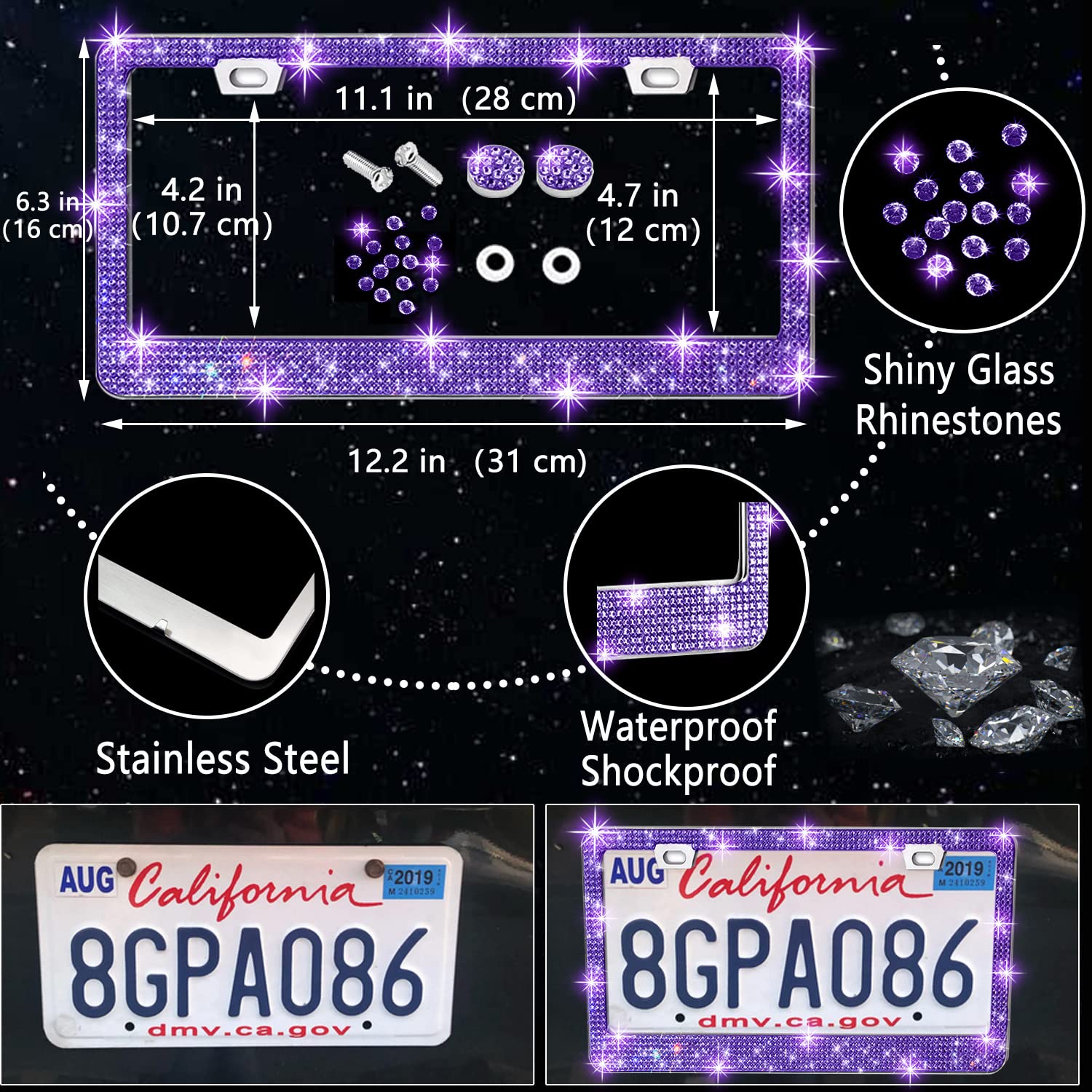 NBTEPEM bling license plate frame attached to car, boosts curbside style instantly