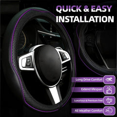 NBTEPEM steering wheel close-up showing microfiber leather and reinforced stitching for grip