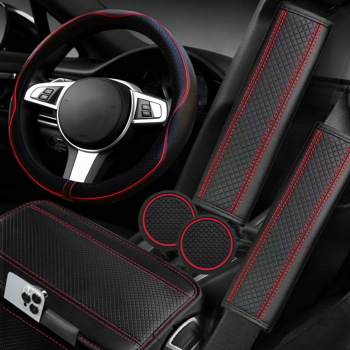 NBTEPEM steering wheel cover front view showing sporty red finish and improved grip