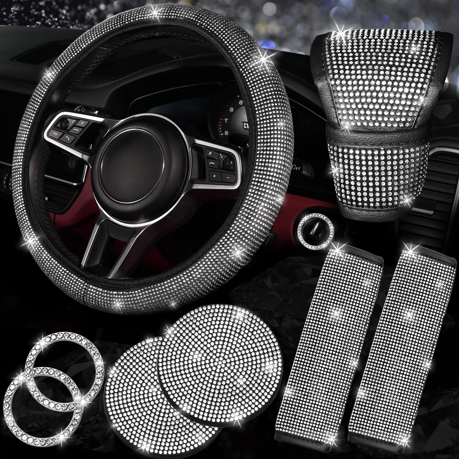 NBTEPEM steering wheel front view showing sparkling rhinestones and upgraded grip comfort