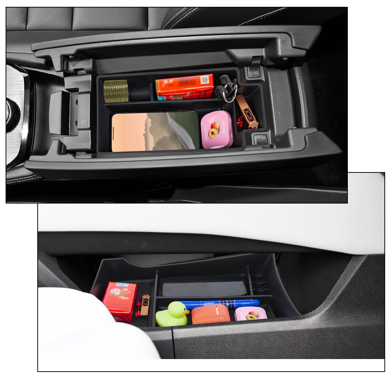Neepiar armrest storage box open with phone and sunglasses for convenience