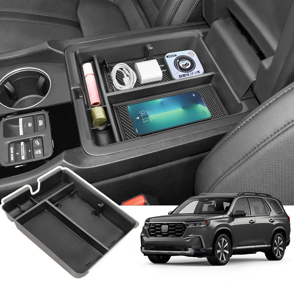 Neepiar front view of console organizer showing compartments and neat storage benefit