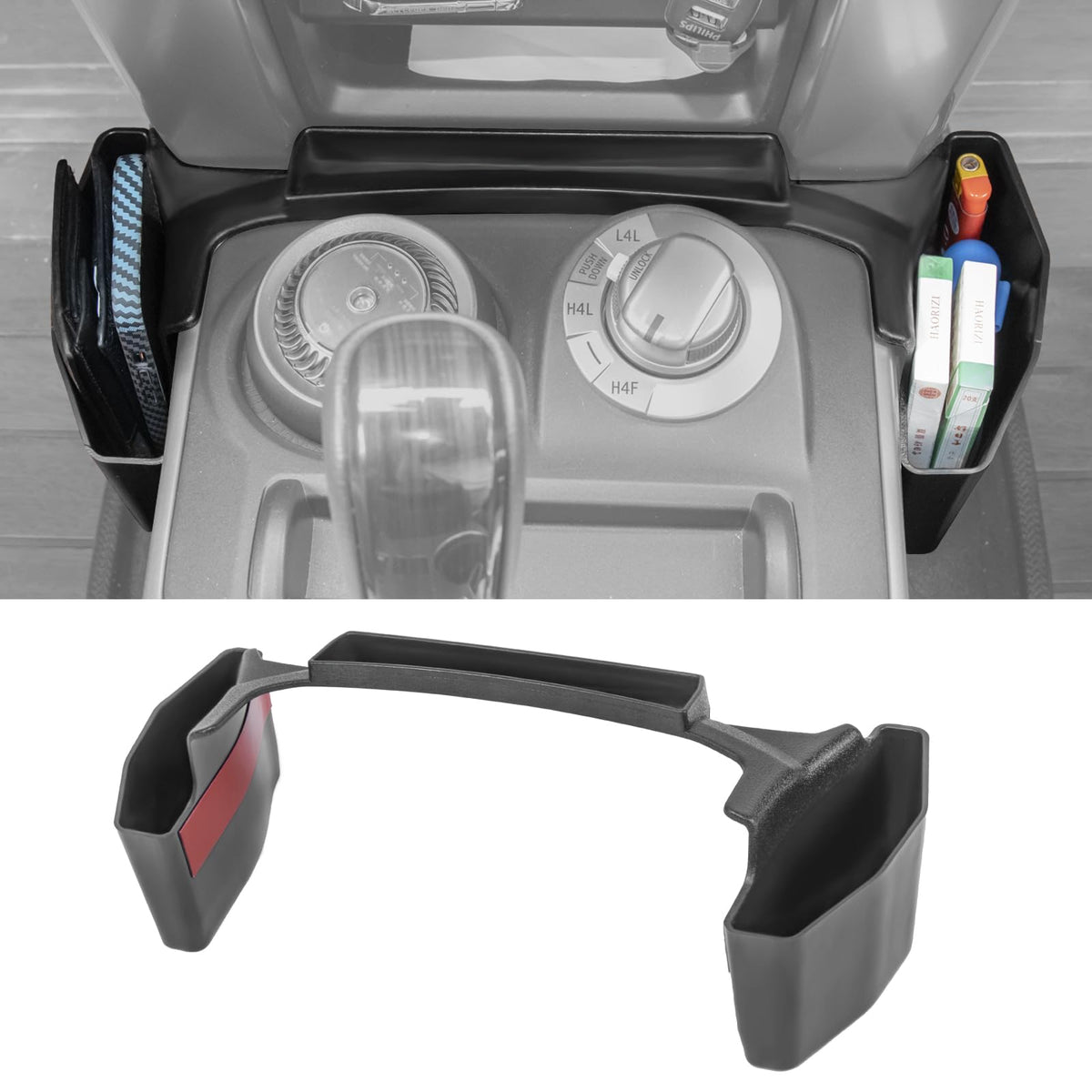 Neepiar front view of gear shift organizer showing clean fit and added storage benefit