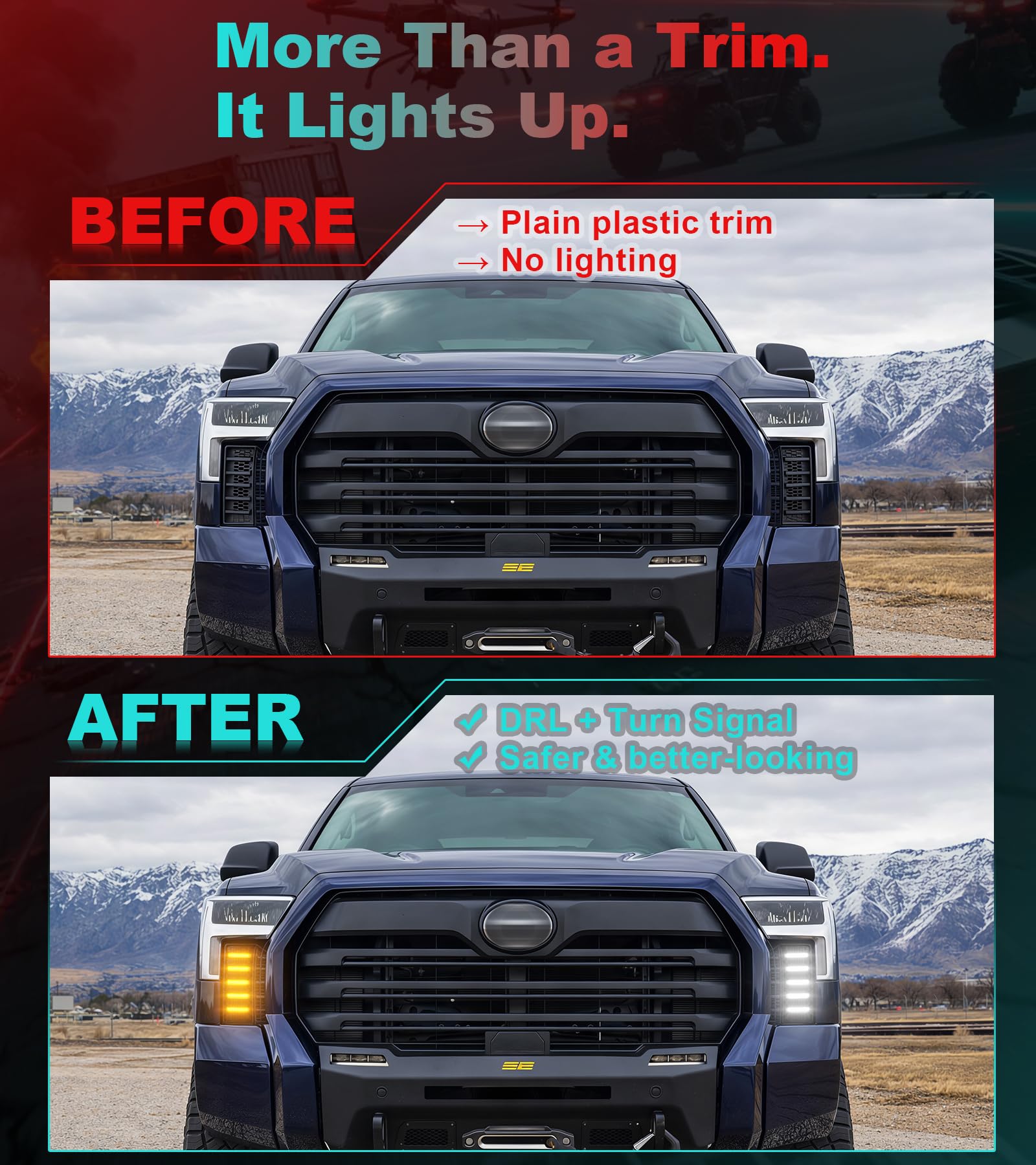 NEOXIST DRL close-up highlighting bright white LED strip for visibility