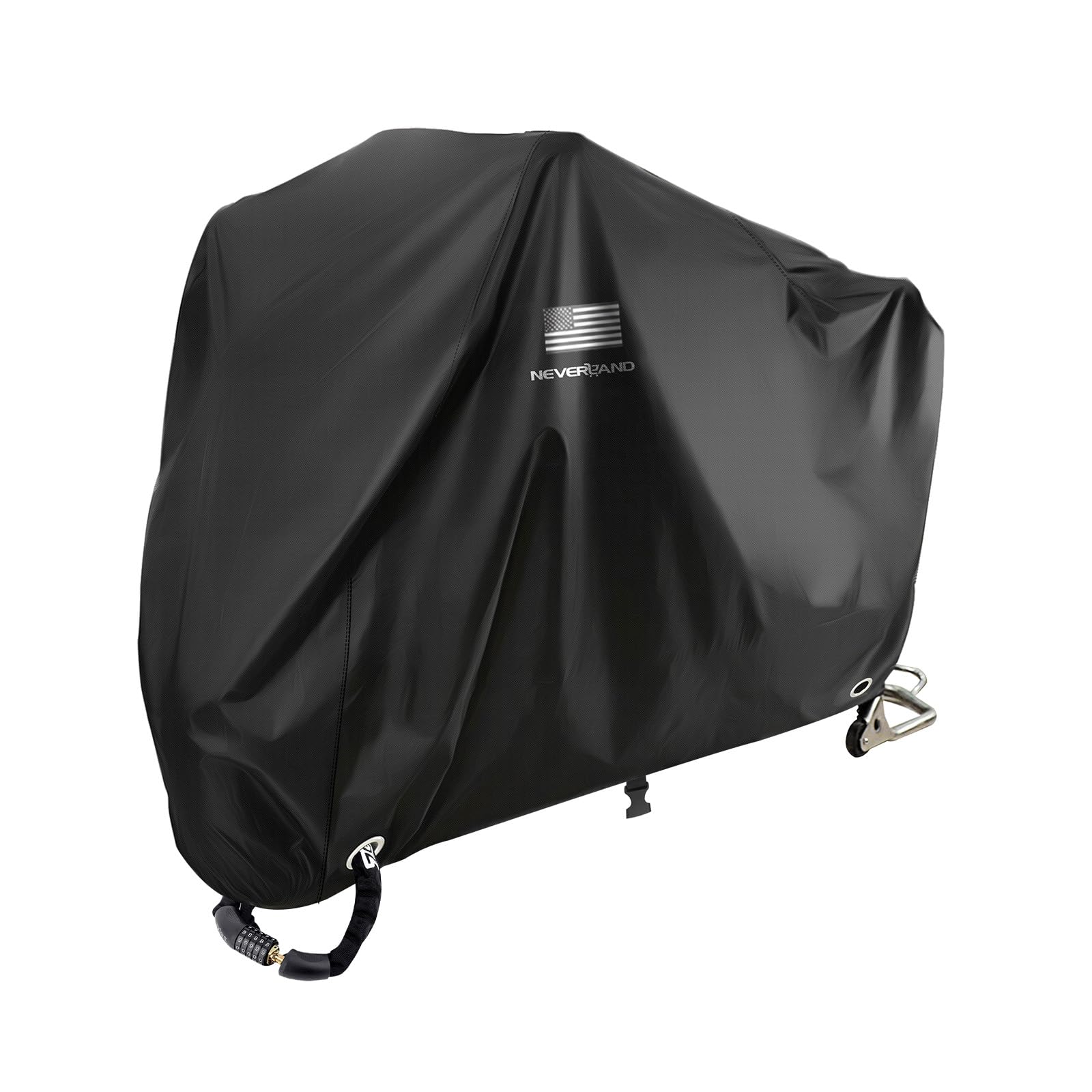 NEVERLAND cover front view on motorcycle showing full protection benefit