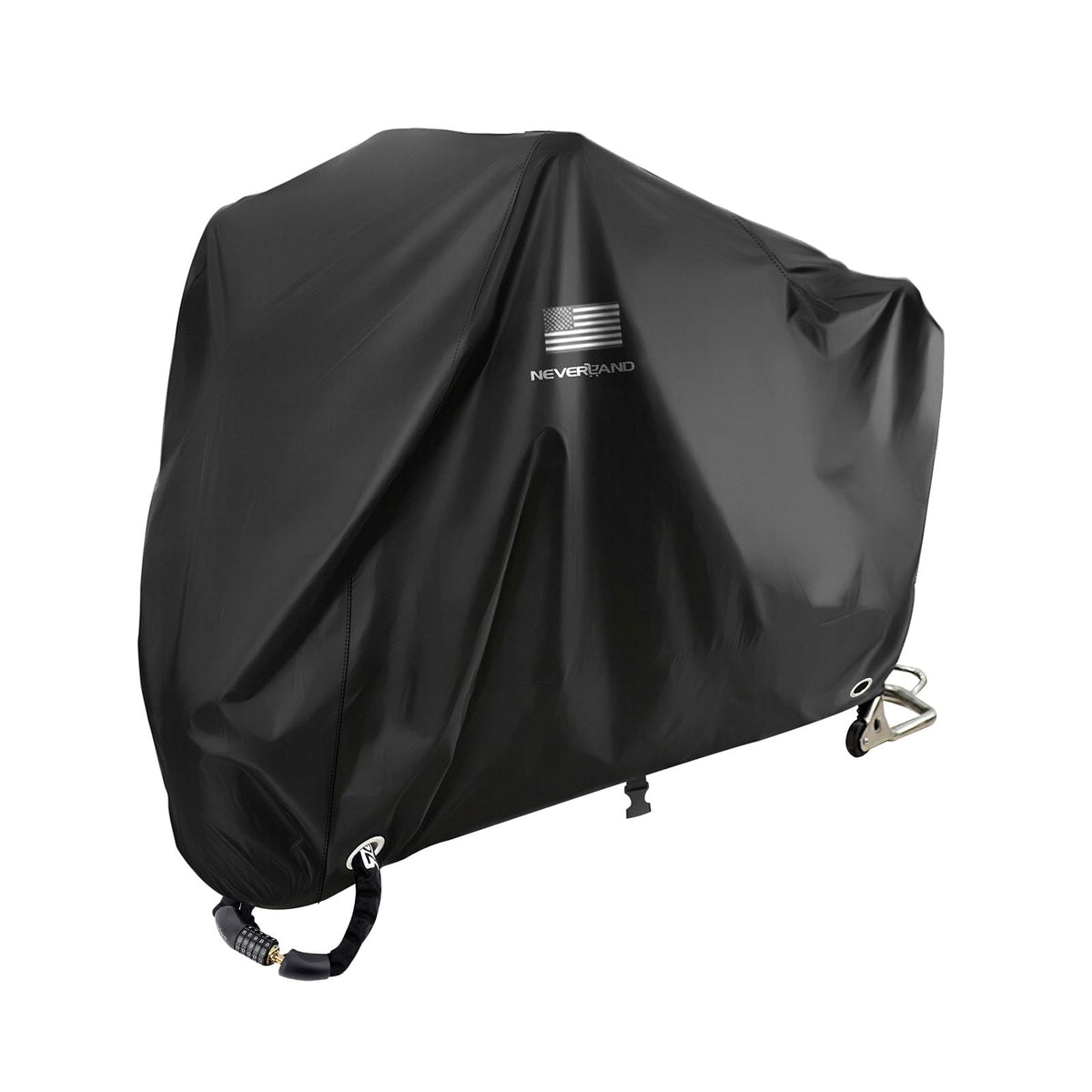 NEVERLAND cover front view on motorcycle showing full protection benefit
