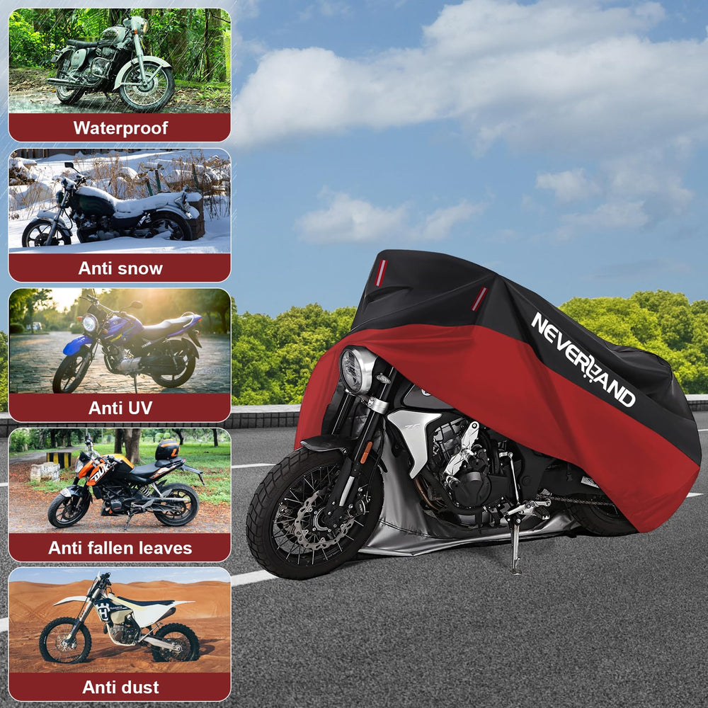 NEVERLAND-covered motorcycle parked outdoors showing sun and rain protection