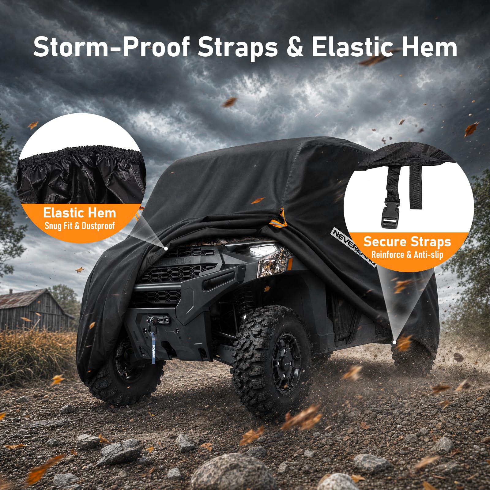 NEVERLAND cover showing side-door fitment and secure coverage for 4-door UTVs