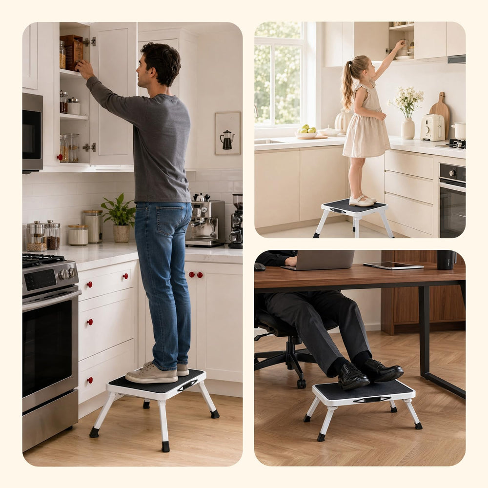 NEWBULIG step stool next to shoe for scale to show compact size