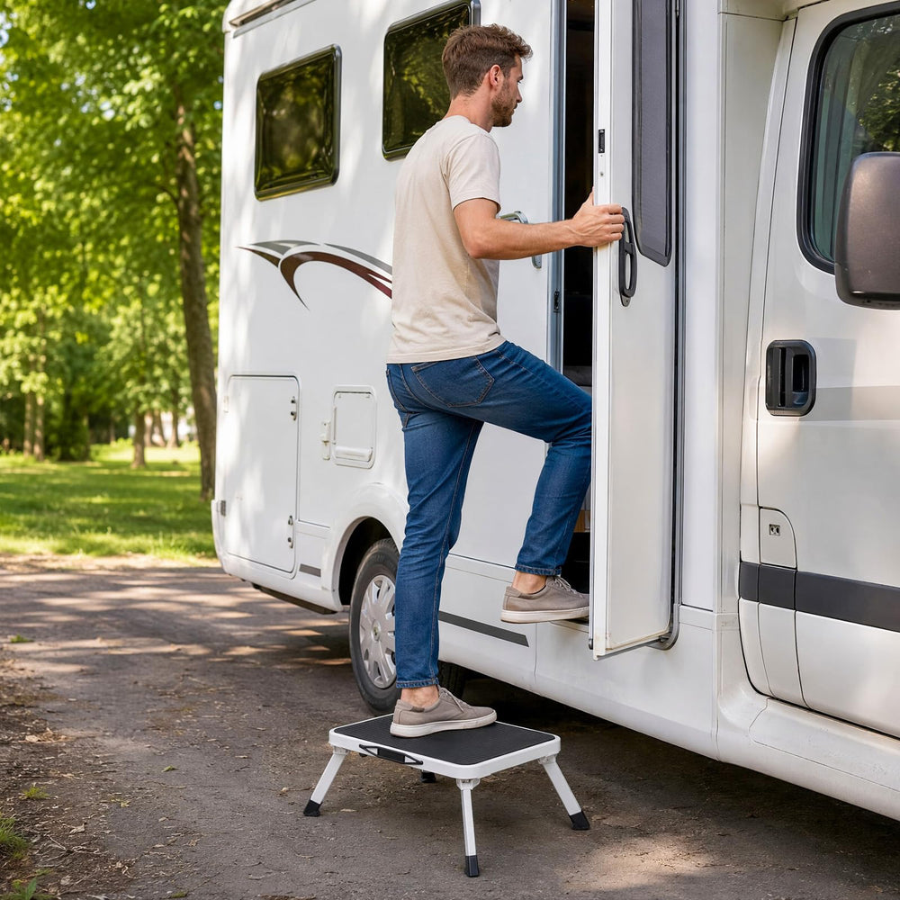 NEWBULIG stool in RV being used to reach overhead storage reliably