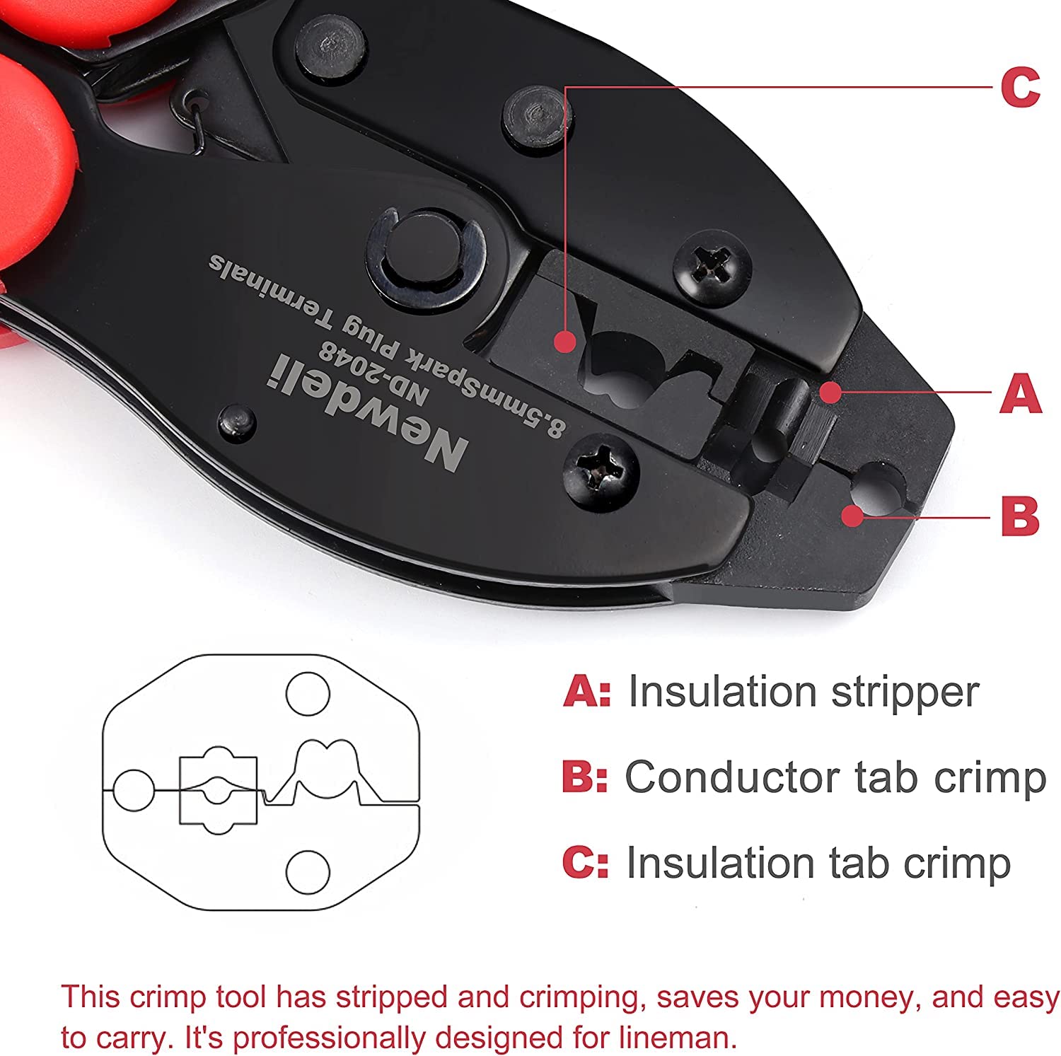 Newdeli tool crimping an ignition wire for consistent connections