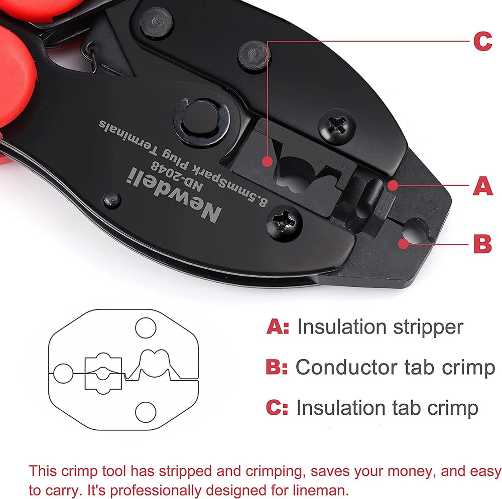 Newdeli tool crimping an ignition wire for consistent connections