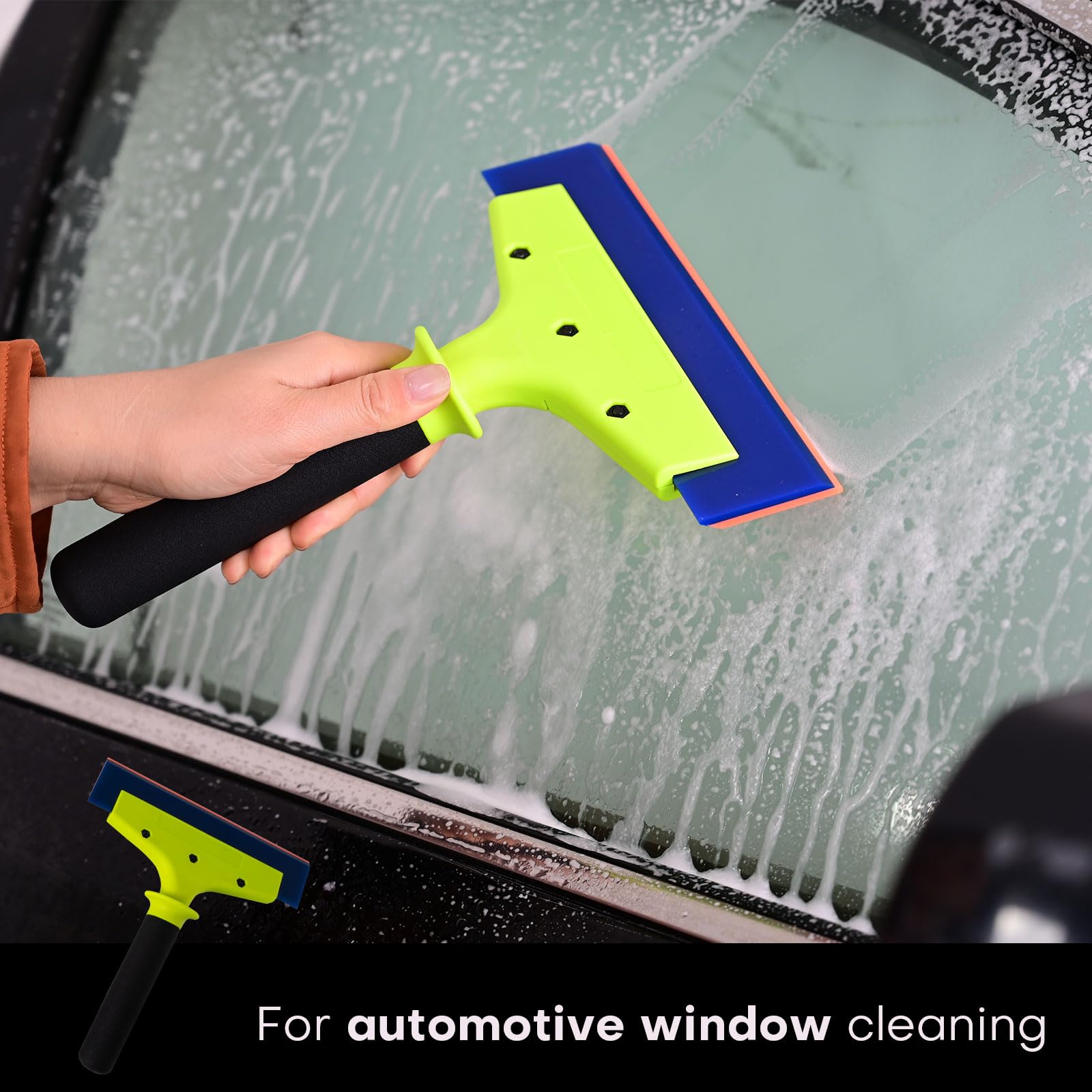 NEWISHTOOL squeegee in use on car rear window showing smooth film application
