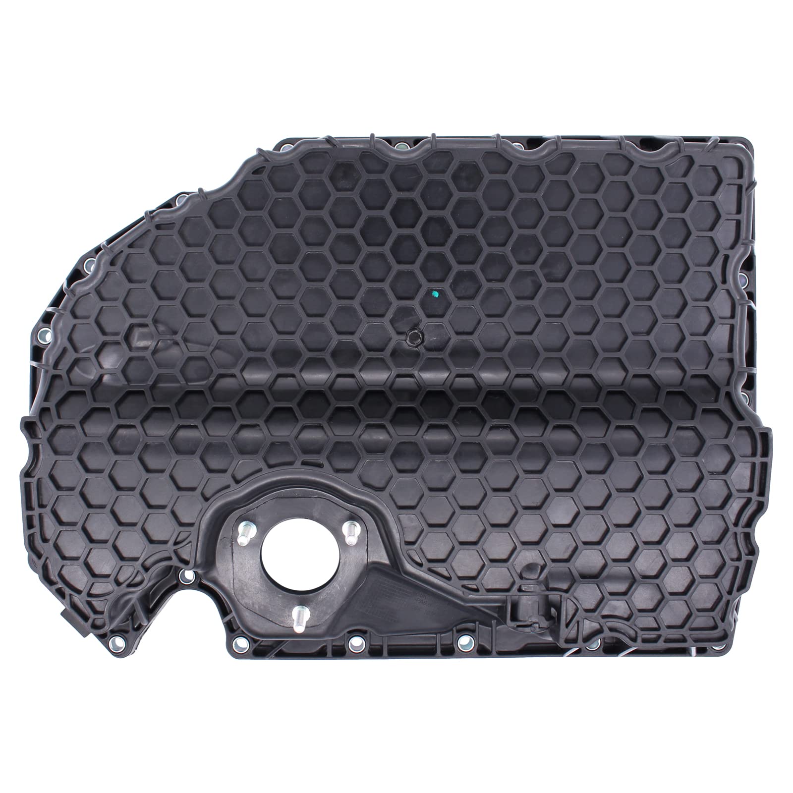 NewYall oil pan side profile with drain plug visible, aids fast oil changes