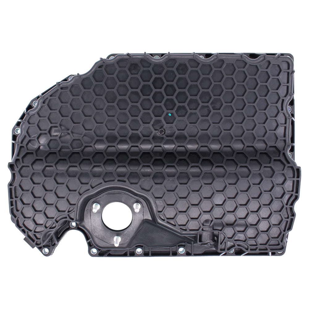 NewYall oil pan side profile with drain plug visible, aids fast oil changes